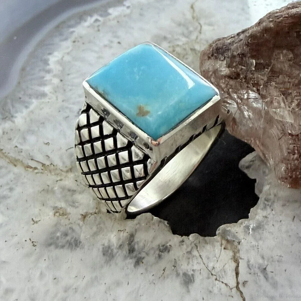 Native American Sterling Rectangle Kingman Turquoise Decorated Ring S 10 For Men